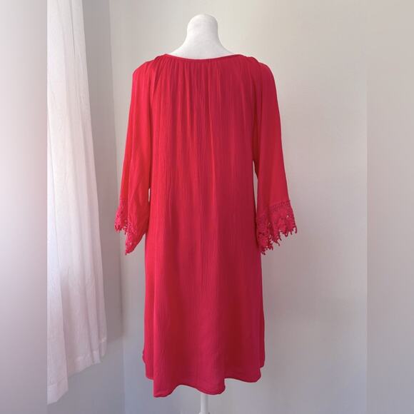 Naïf Coral Pink 3/4 Sleeve Crochet Shift Tunic Mini Dress - Picture 5 of 9